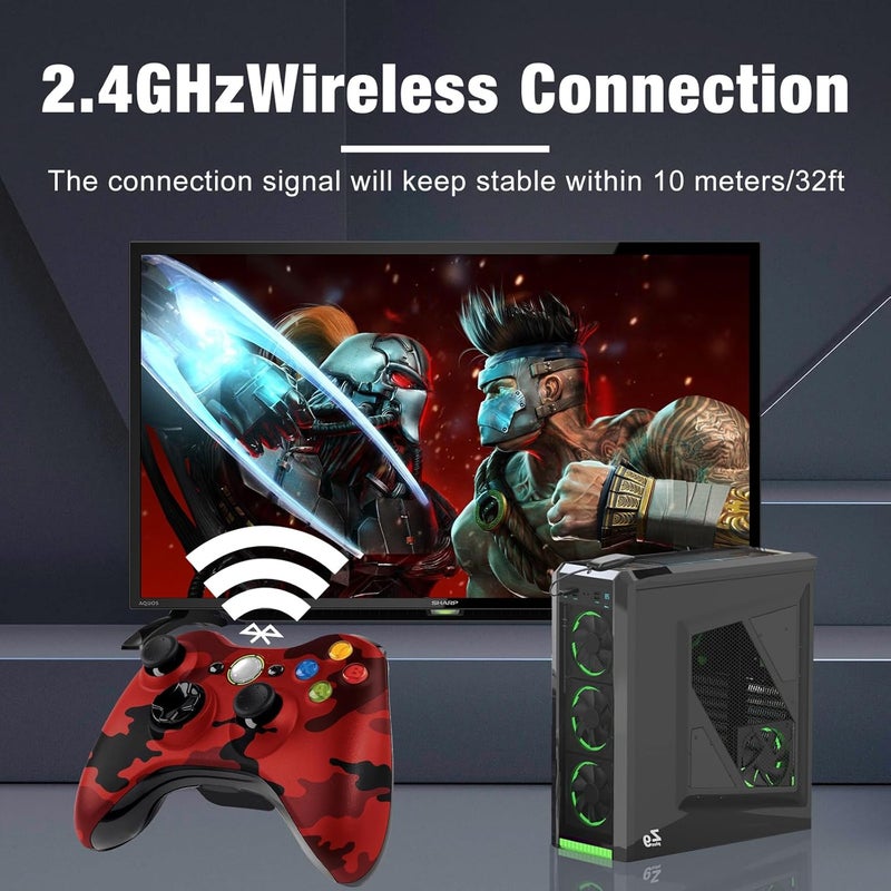 BUERTT Store وحدة تحكم لاسلكية لجهاز Xbox 360، وحدة تحكم ألعاب جويستيك بتردد 2.4GHZ لجهاز Xbox 360 و Slim و PC بنظام Windows 7/8/10، بدون مدخل صوت، لون كامو أحمر - Image 3